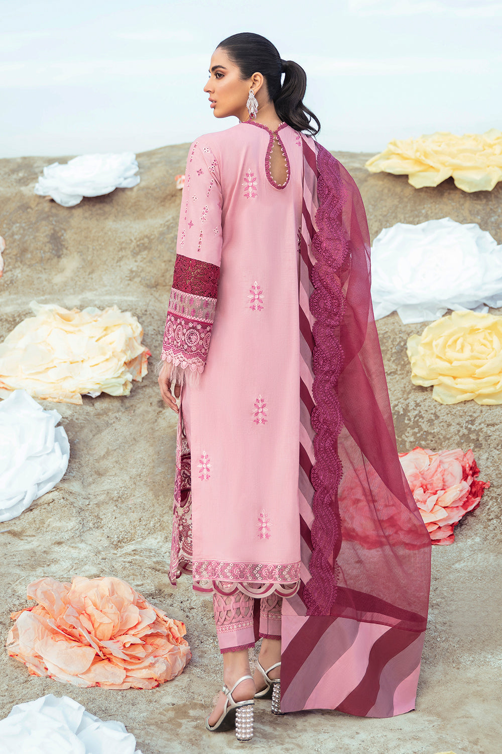 3 PC Unstitched Embroidered Shirt | Embroidered Rajju Net Dupatta