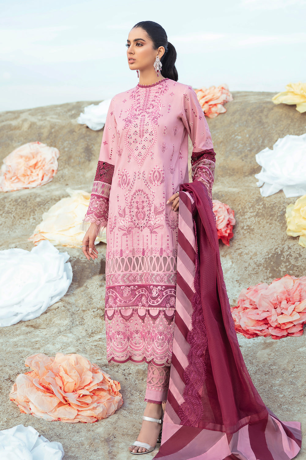 3 PC Unstitched Embroidered Shirt | Embroidered Rajju Net Dupatta