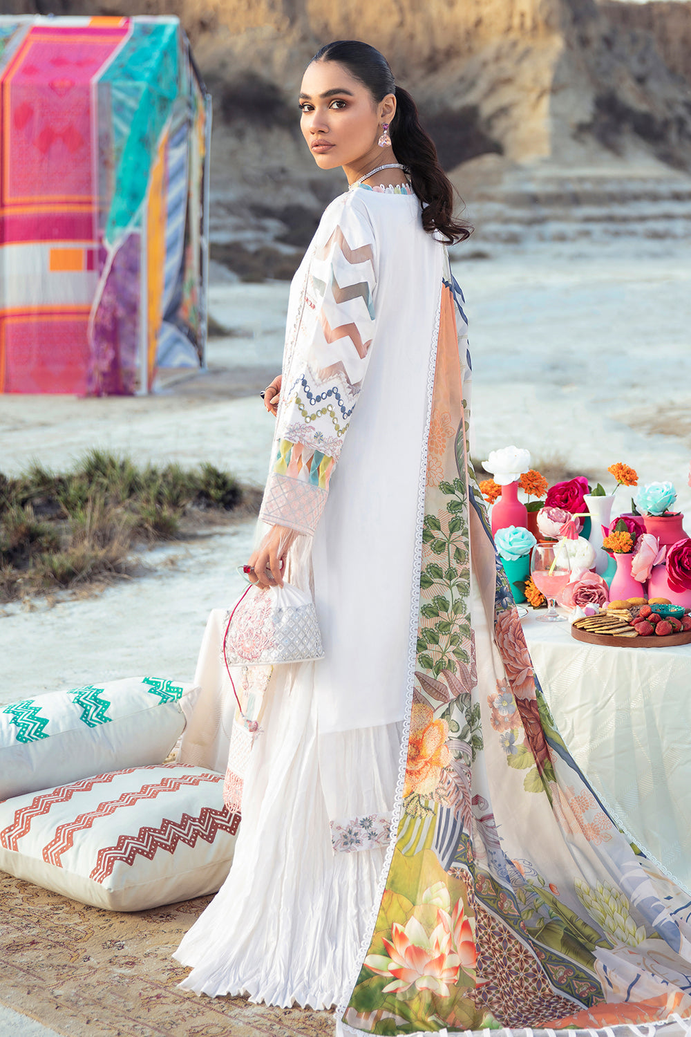 3 PC Unstitched Embroidered Shirt | Silk Dupatta