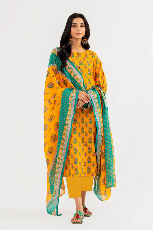 3 PC Unstitched | Printed Lawn Shirt + Trouser | Cotton Silk Dupatta